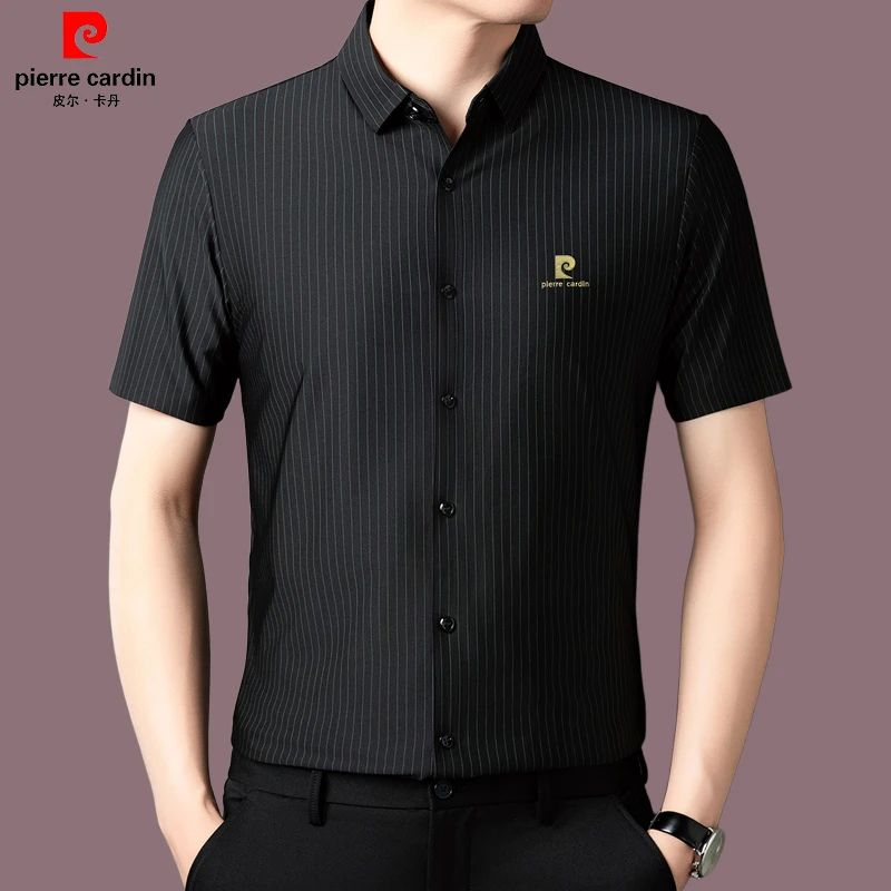 【皮尔卡丹官方正品】男士轻奢短袖衬衫夏季高档条纹无痕半袖衬衣男