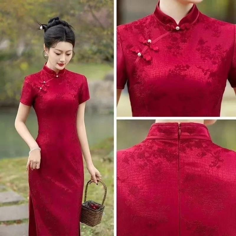 新中式高考红色旗袍裙改良气质礼服日常穿高档喜妈妈婚宴装连衣裙