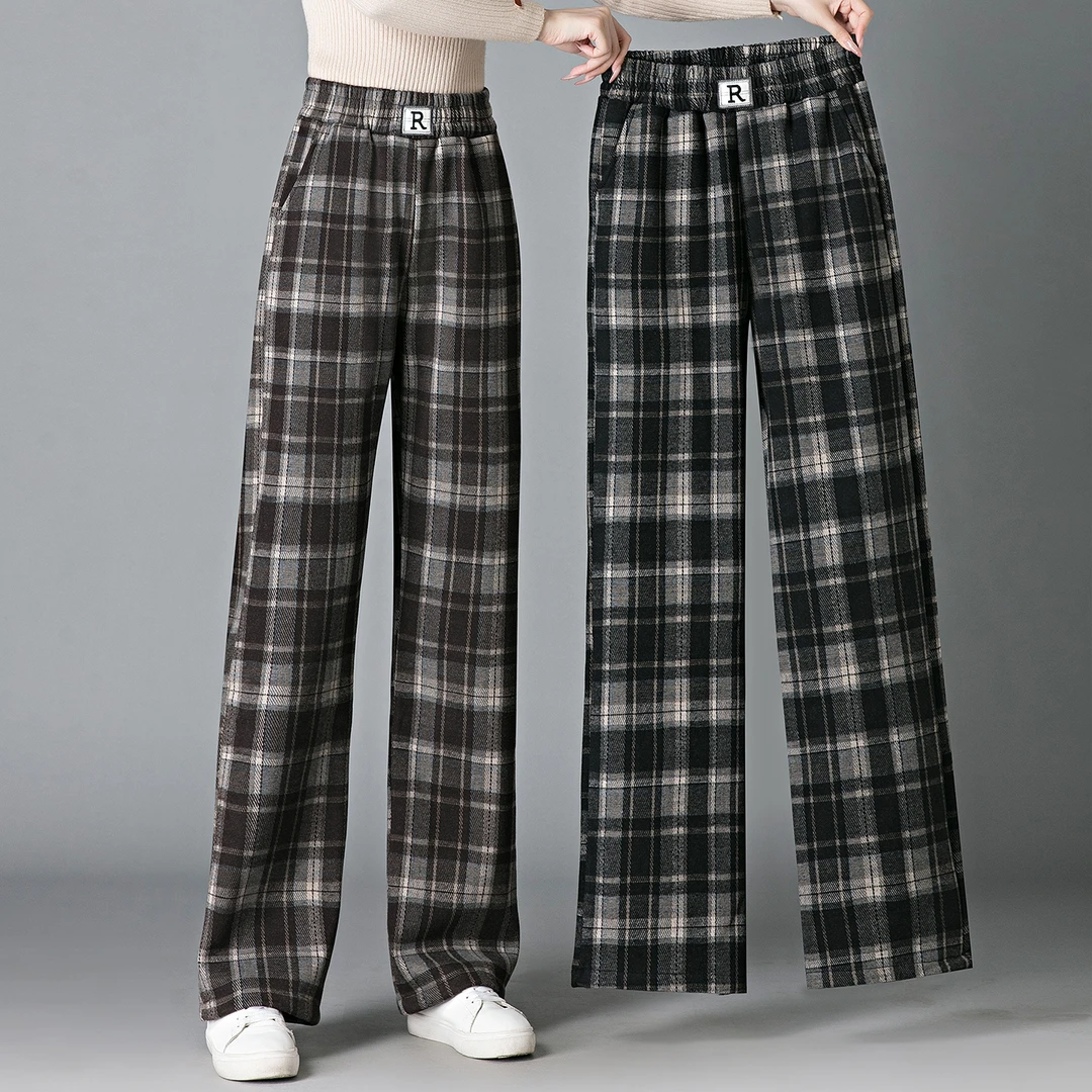 格子裤女秋冬季小个子松紧腰垂感窄版阔腿裤保暖加绒加厚休闲裤子