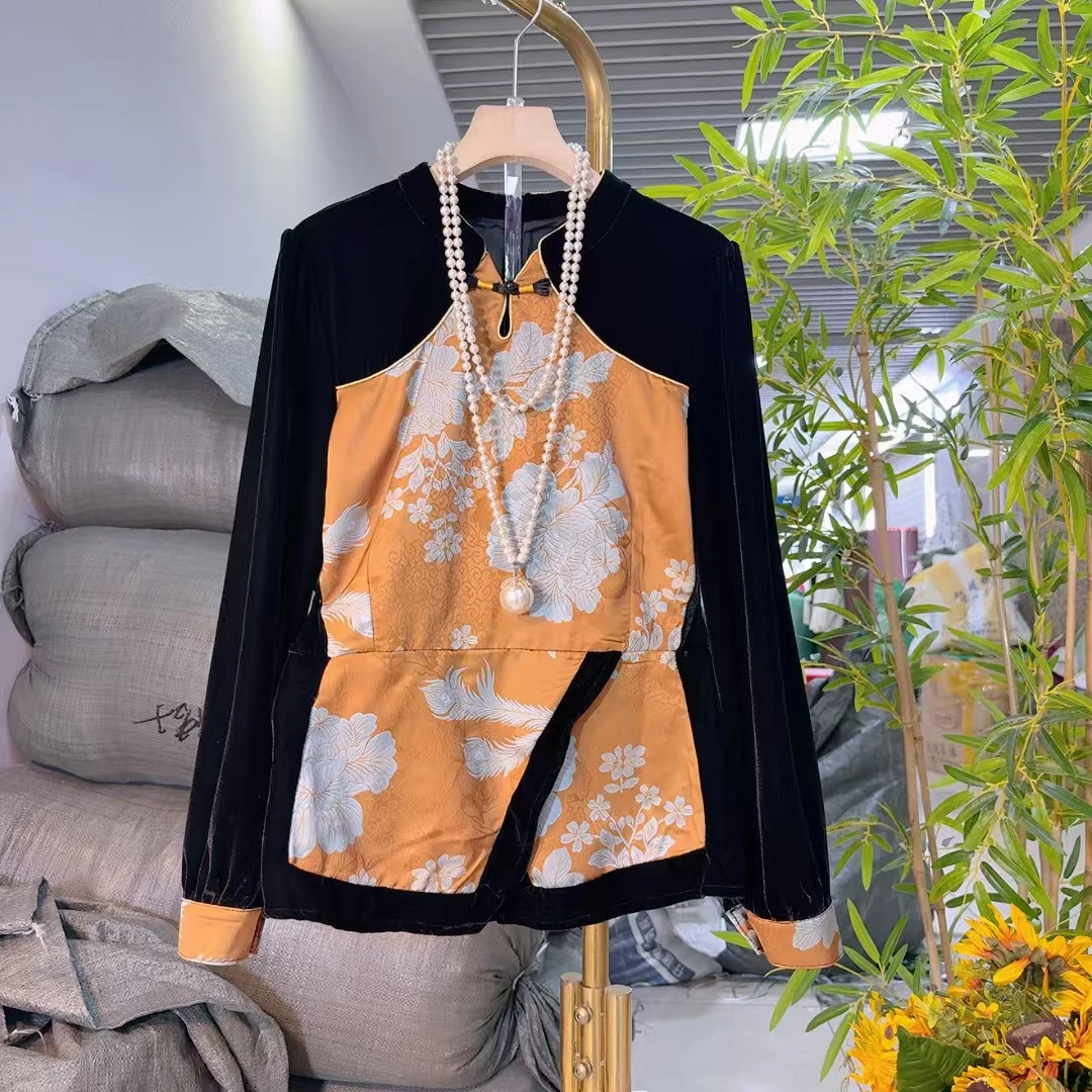 新中式国风丝绒盘扣小衫改良民族风微胖大码遮肉显瘦秋冬古风9146