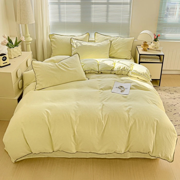 简约纯色四件套轻奢贝壳绣丝柔缎提花床单床笠床上用品四件套