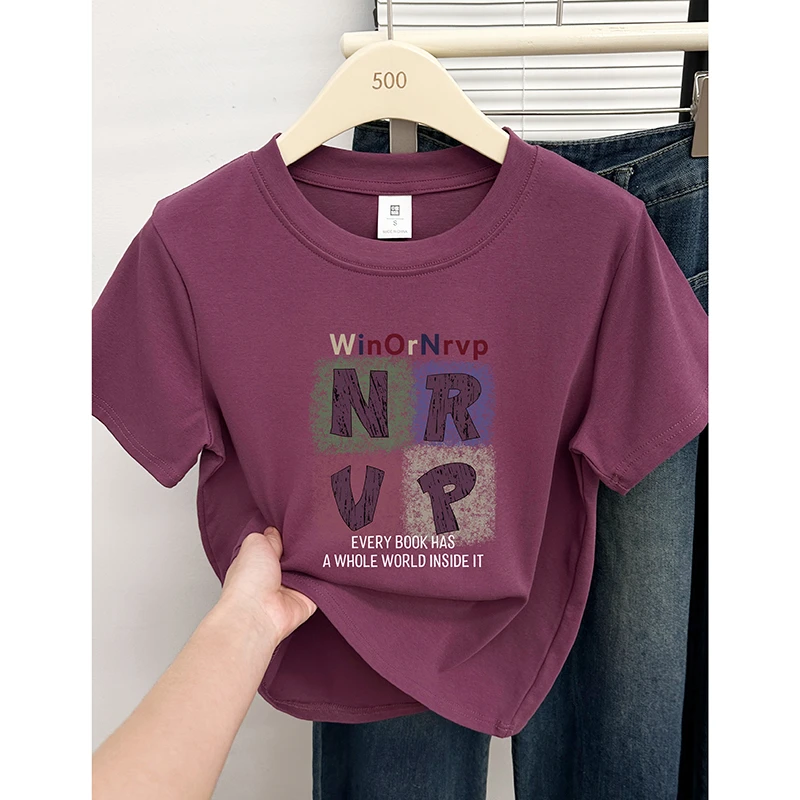 时尚圆领正肩短袖T恤女夏季新款韩版设计感字母印花显瘦半袖上衣