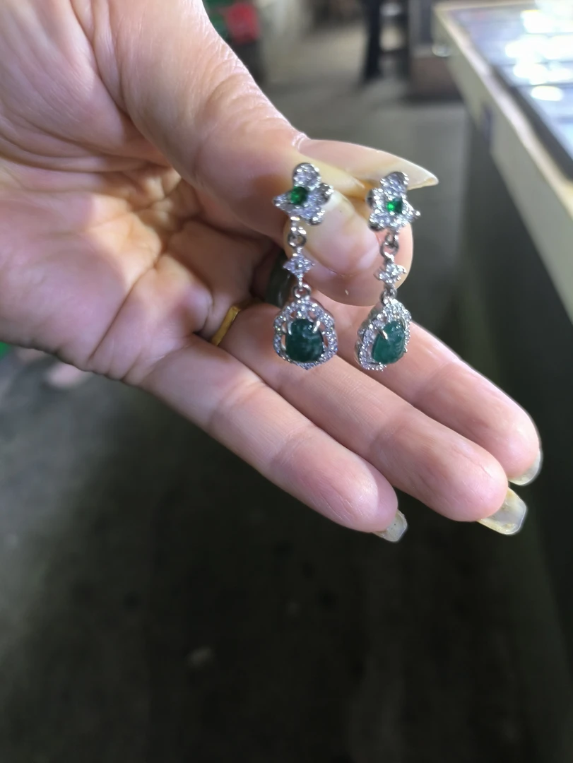 天然A货翡翠绿紫黄合金镶精致优雅气质时尚百搭耳钉潮流欹