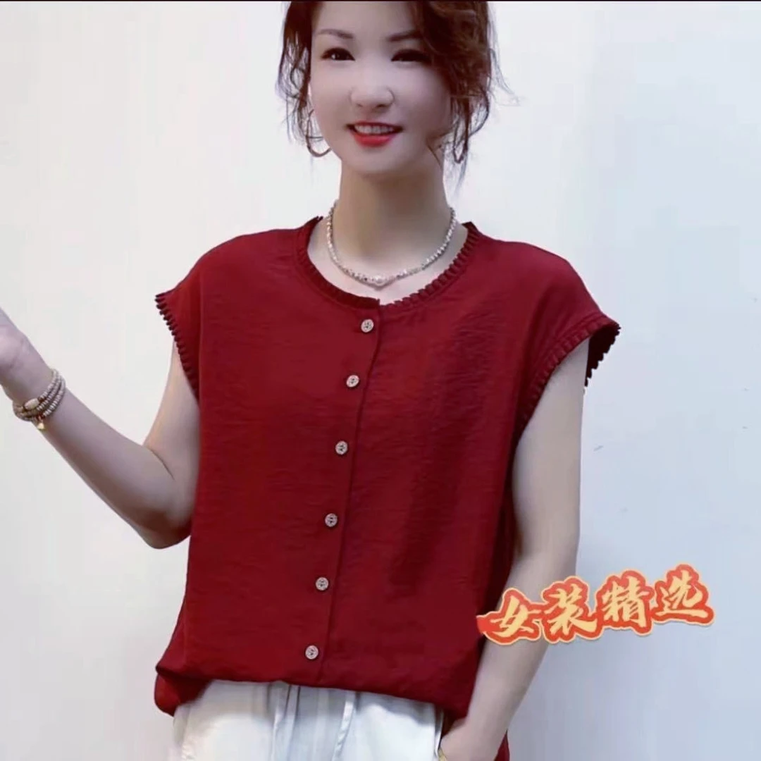 夏款木耳边休闲洋气纯色套头衬衫复古先手单排扣百搭无袖T恤