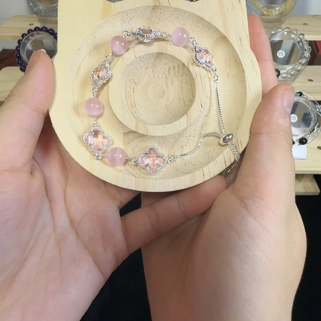 粉色猫眼四叶草手链