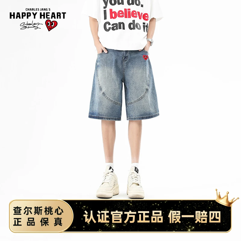 查尔斯桃心复古五分裤做旧水洗短裤中裤百搭直筒休闲牛仔裤-官方