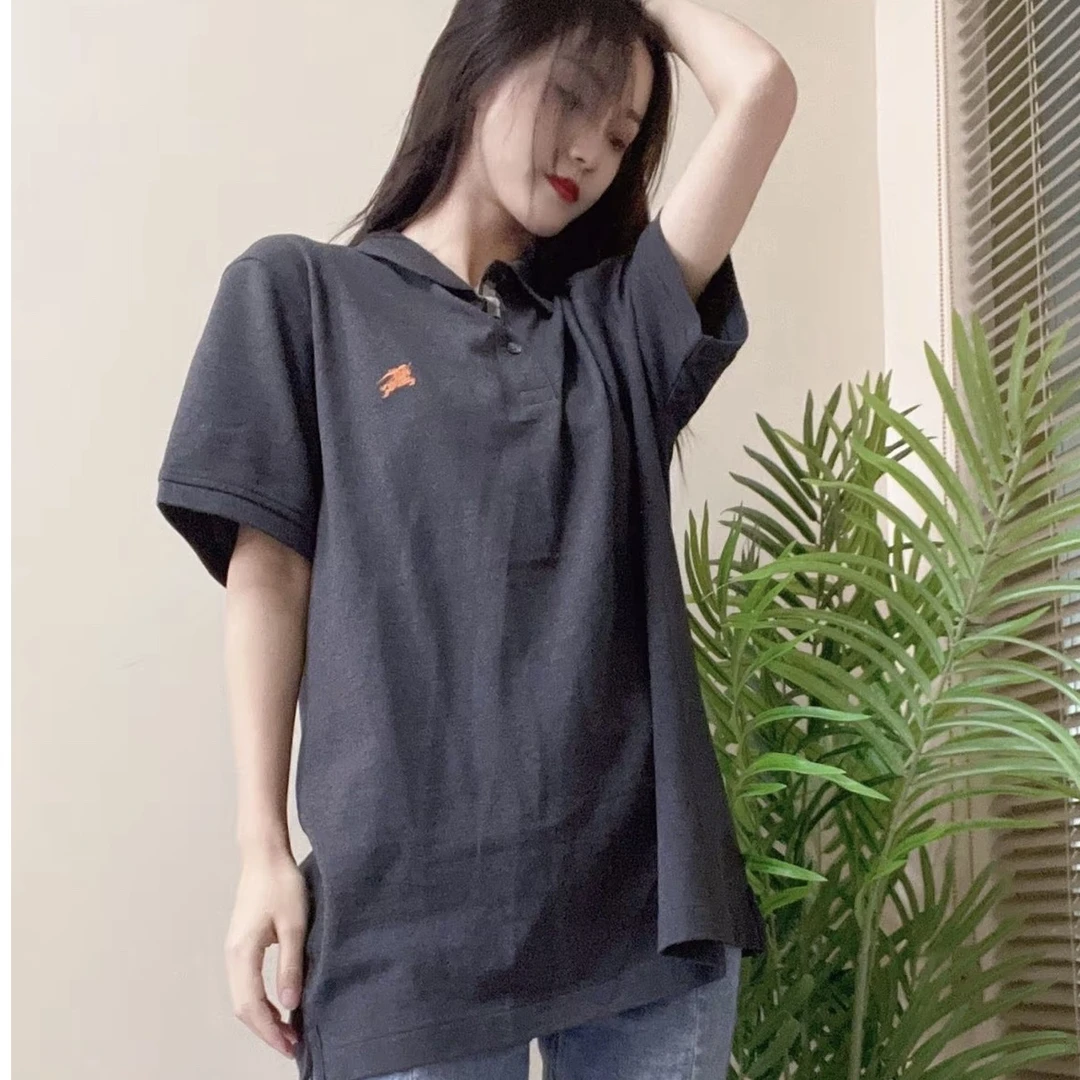 99新 BURBERRY/博柏利 1398/深灰色Logo刺绣短袖Polo衫/M码