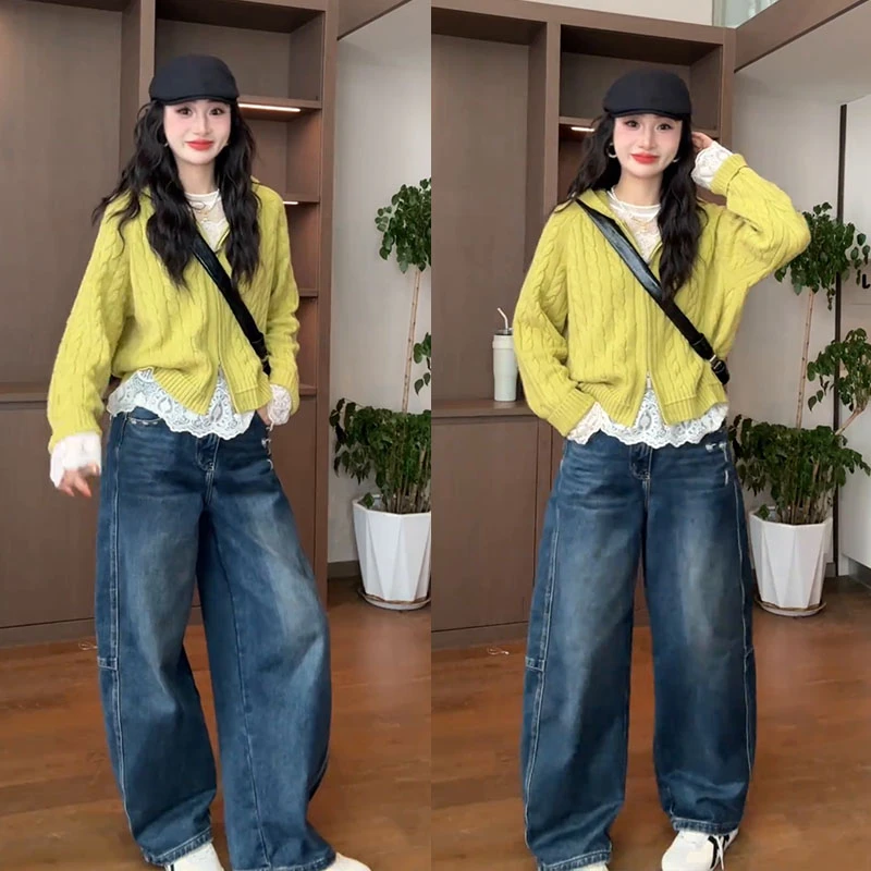 秋冬季搭配一整套女装2025新款蕾丝内搭拉链针织开衫牛仔裤三件套
