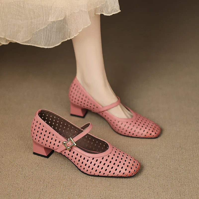 头层牛皮浅口镂空玛丽珍鞋 4.5cm百搭舒适粗跟复古单鞋软底洞洞鞋