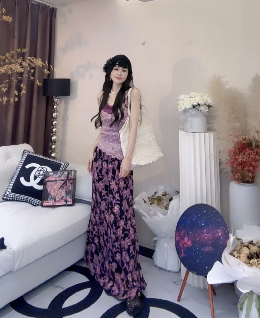 L.X~复古蕾丝拼接高腰印花半身裙2025新款洋气百搭长裙6710