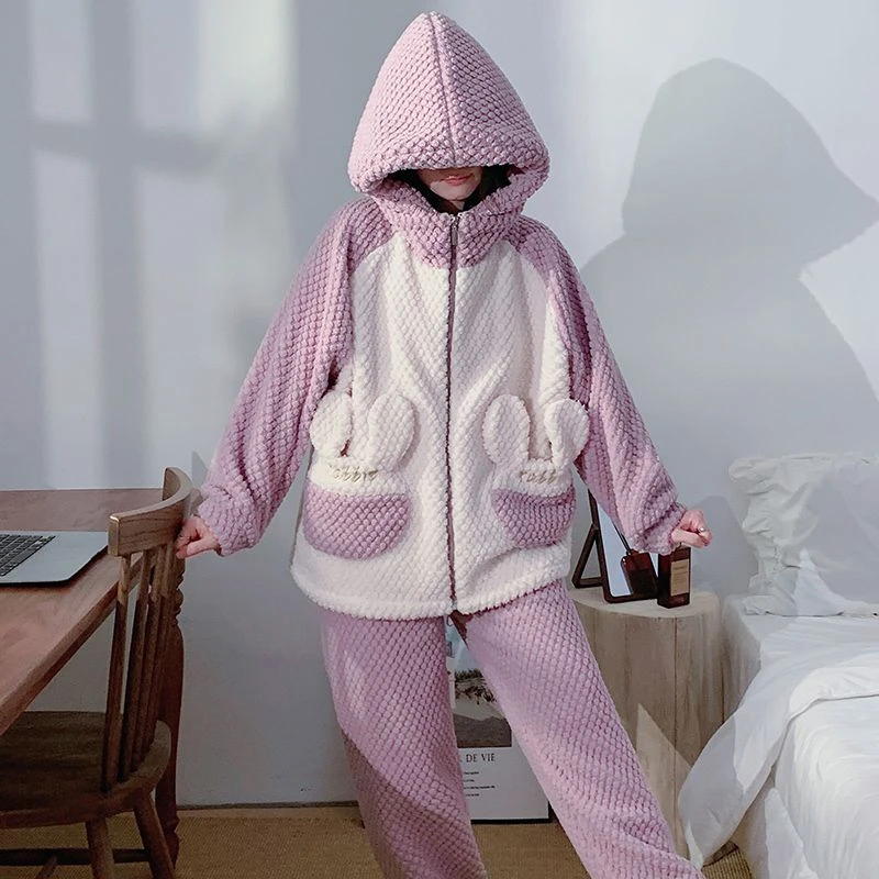 双面玫瑰绒睡衣女士可外穿保暖秋冬季卡通连帽拉链学生套装家居服