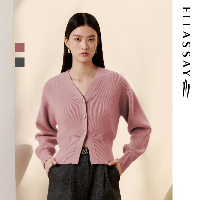 ELLASSAY歌力思2025秋季新款气质V领复古针织衫女EWB363M01900