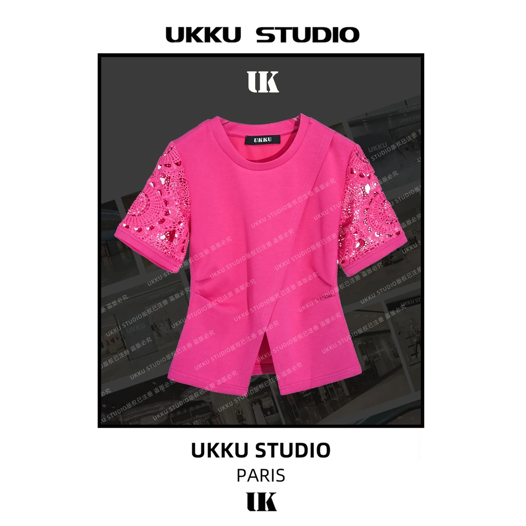 XY【UKKUSTUDIO】2025女士夏季新款圆领时尚开叉镂空短袖T恤613701