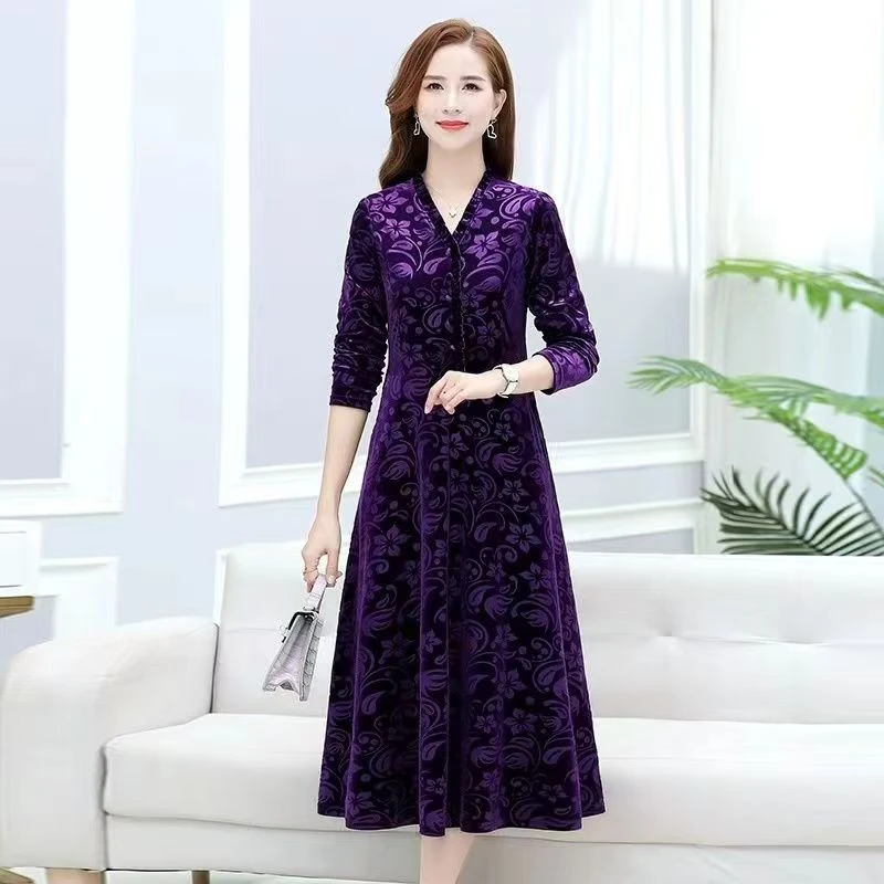 10893-中老年妈妈装长袖连衣裙新款显瘦遮肉洋气女士裙子【赵义绣】