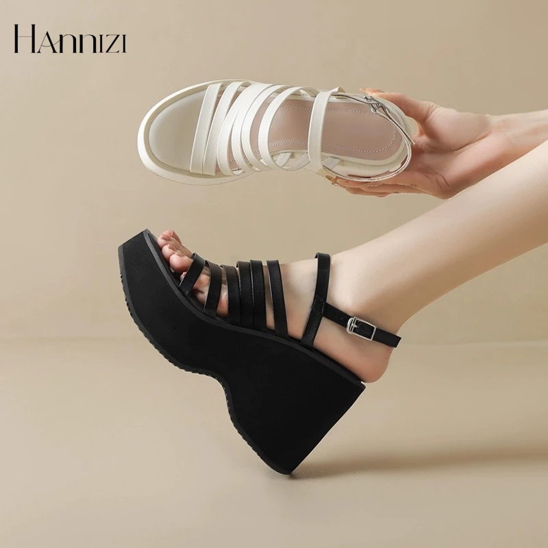 hannizi露趾厚底松糕仙女凉鞋女夏季超高跟坡跟防水台百搭罗马鞋