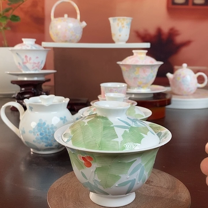 芭蕉盖碗釉下手绘高温