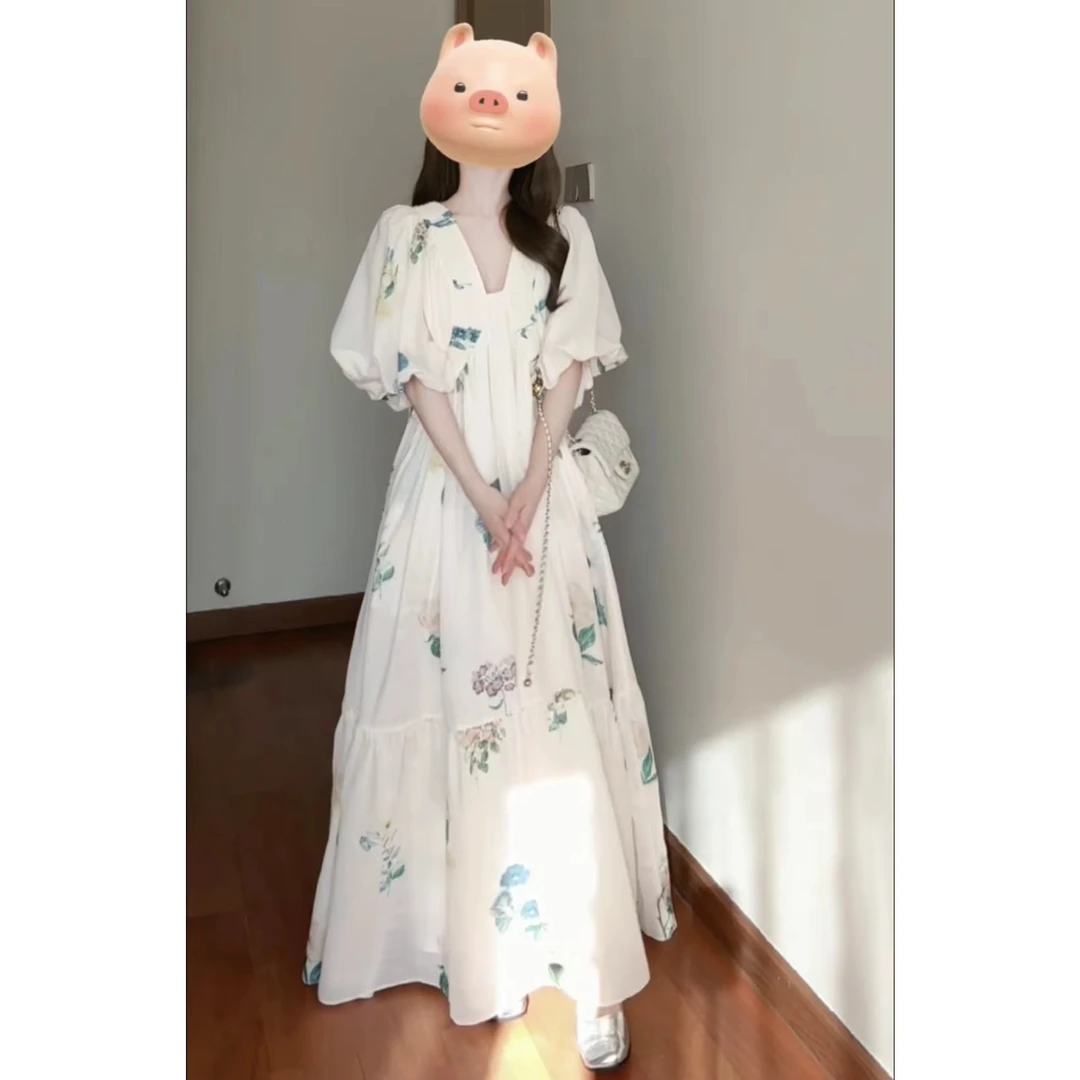法式复古印花宽松短袖连衣裙女夏季2024新款度假风收腰气质长裙