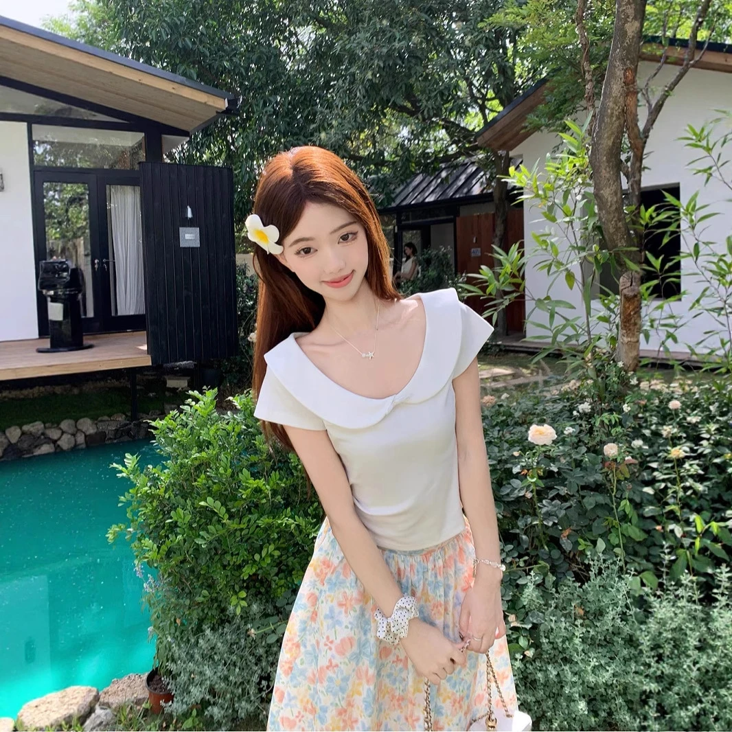 PPHOME自制~甜妹娃娃领短袖T恤正肩显瘦夏季百搭修身纯色短上衣女