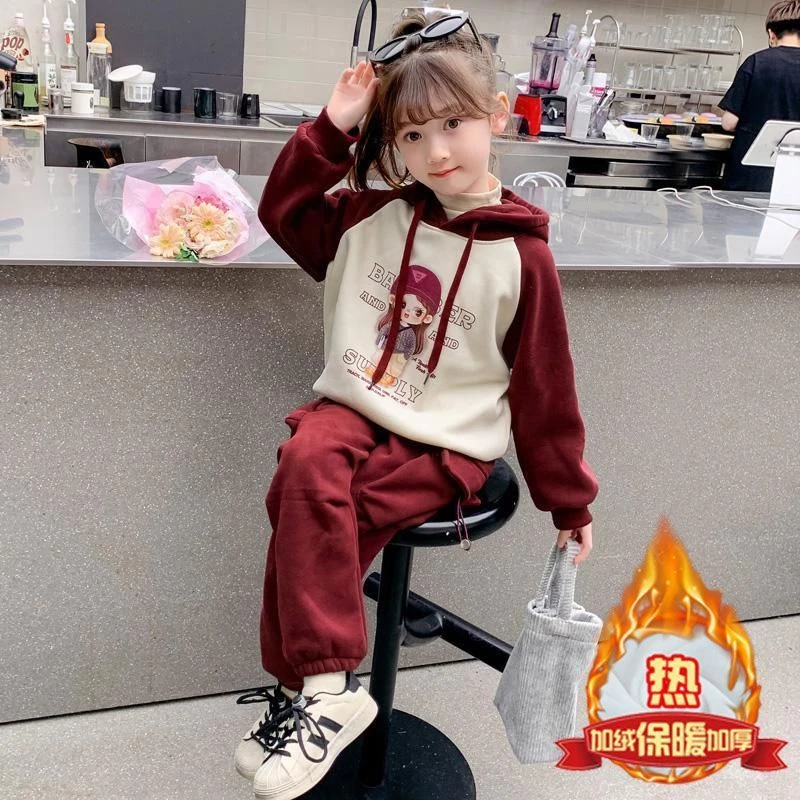 女童拜年服拼色加绒套装冬季2025新款洋气儿童过年运动装两件套