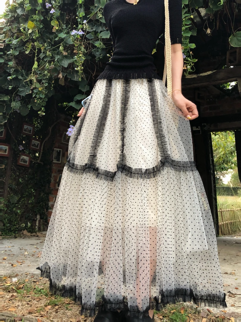 婉君【波点蓬蓬裙】春夏法式碎花气质撞色拼接半身裙LWJ25A1Q619