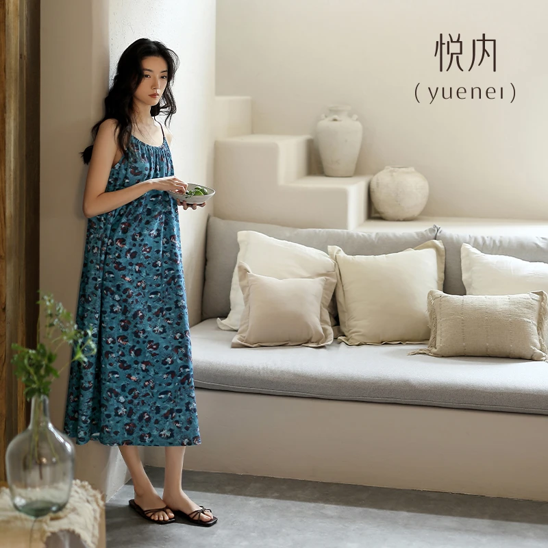 悦内睡裙女士睡衣夏季夏天纯棉吊带无袖背心大码花青蓝长裙连衣裙