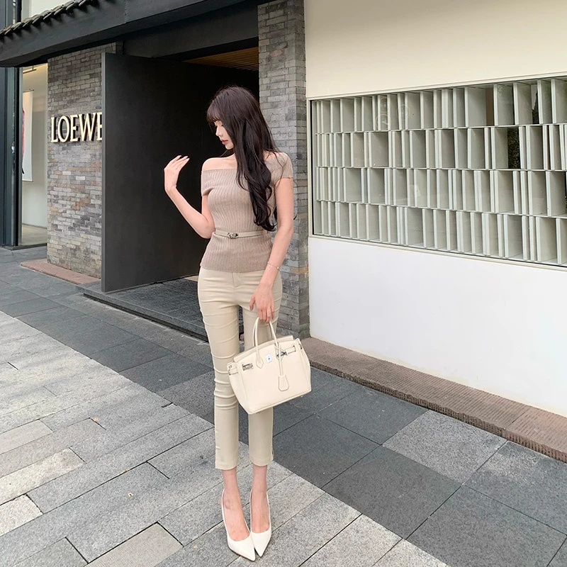 Liuu嘻嘻阿韩版百搭中腰小脚裤女春夏气质收腰弹力紧身开叉九分裤