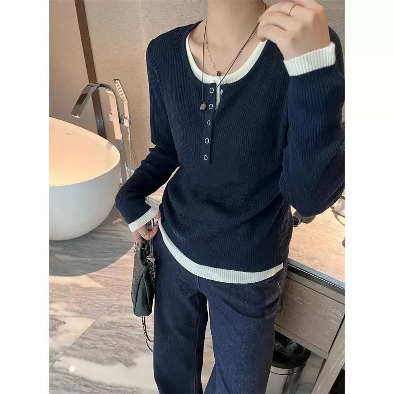 韩系休闲时尚假两件上衣长袖T恤 0395