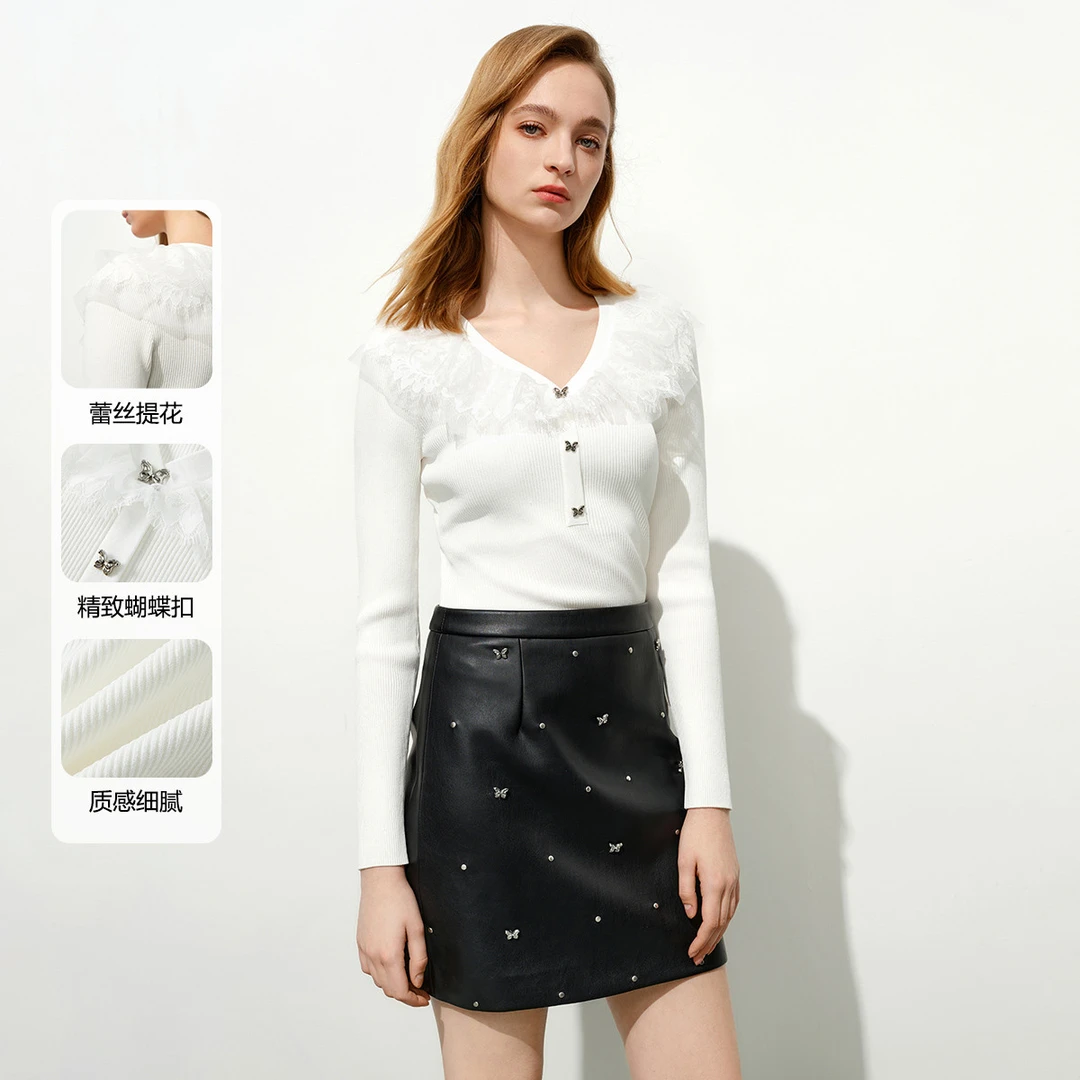 【曼德诗】V领针织衫女2024秋季精致设计感气质套头衫Y733305009