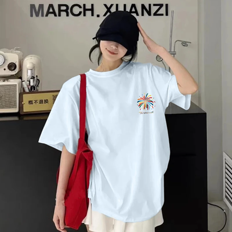 2025美式小众复古印花白色短袖宽松设计感半袖圆领潮流百搭上衣女