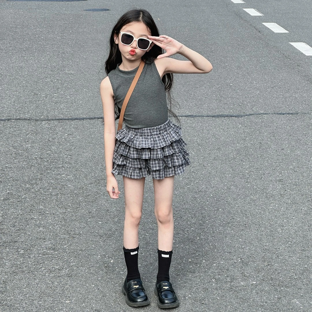 女童连衣裙2025夏季新款儿童甜美格子蛋糕短裙女孩洋气百搭套装夏