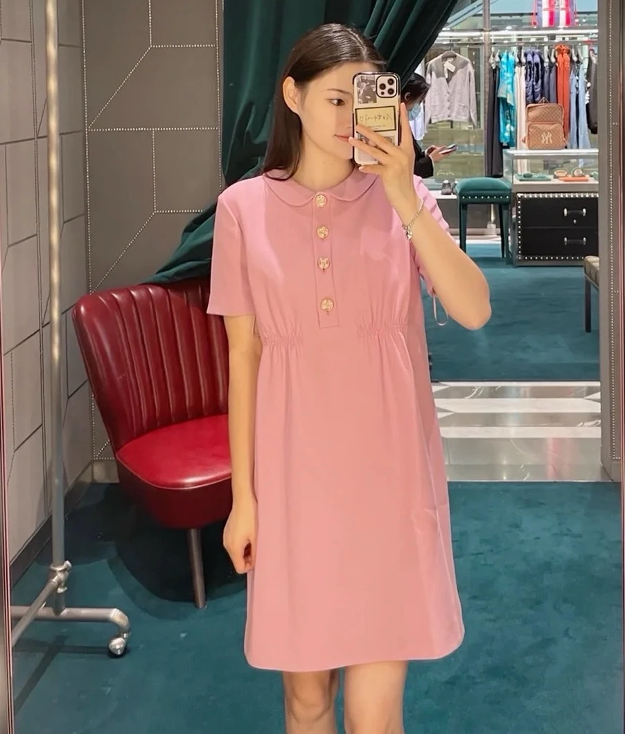 全新未使用 GUCCI/古驰 sm12131410 粉色娃娃领短袖连衣裙 36码
