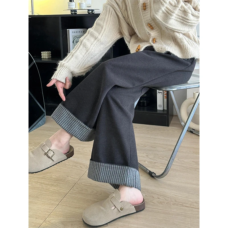 梨型身材深灰色毛呢休闲裤女秋季新款胖妹妹mm高腰宽松显瘦阔腿裤
