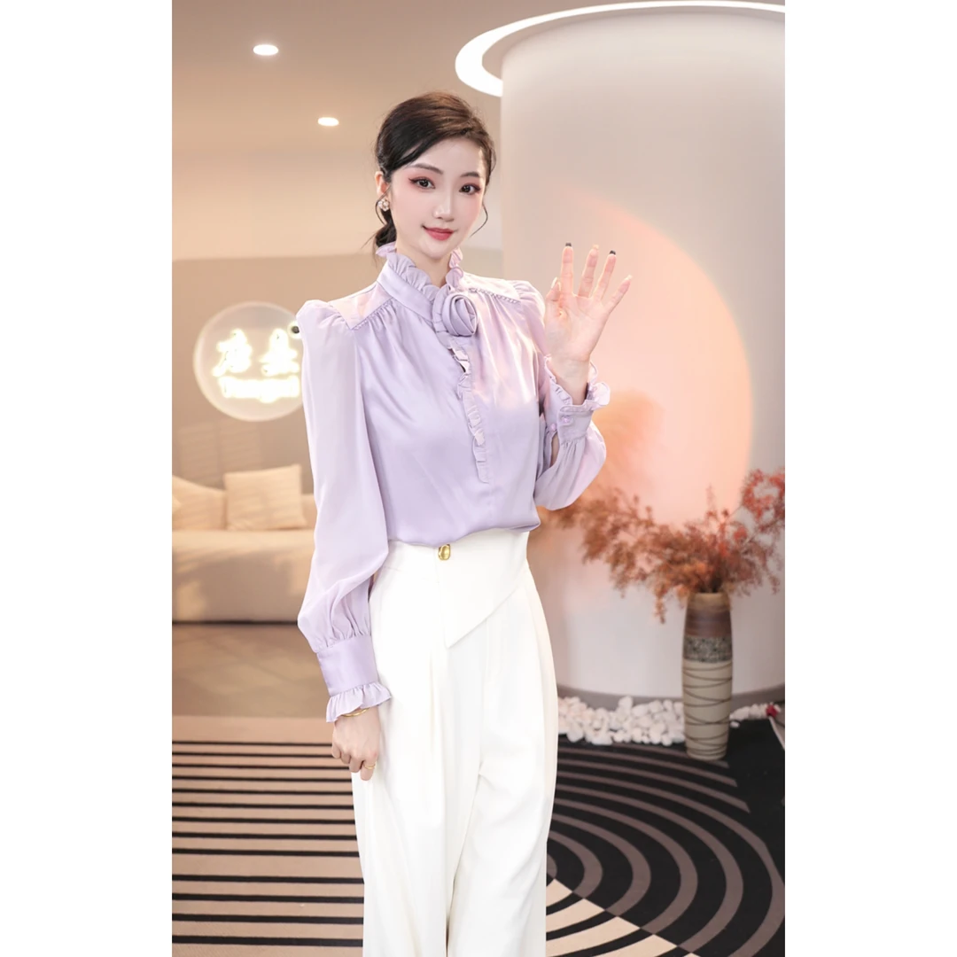 现货2025春季新款【Q24-C232】高级感气质小众紫色缎面拼接洋气上衣