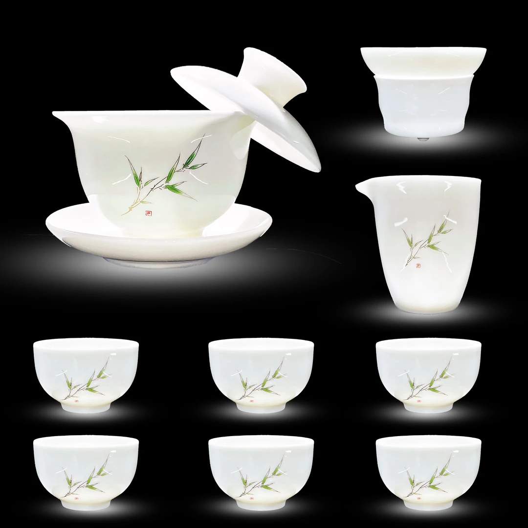 [言瓷]羊脂玉瓷竹报平安陶瓷功夫茶具套装