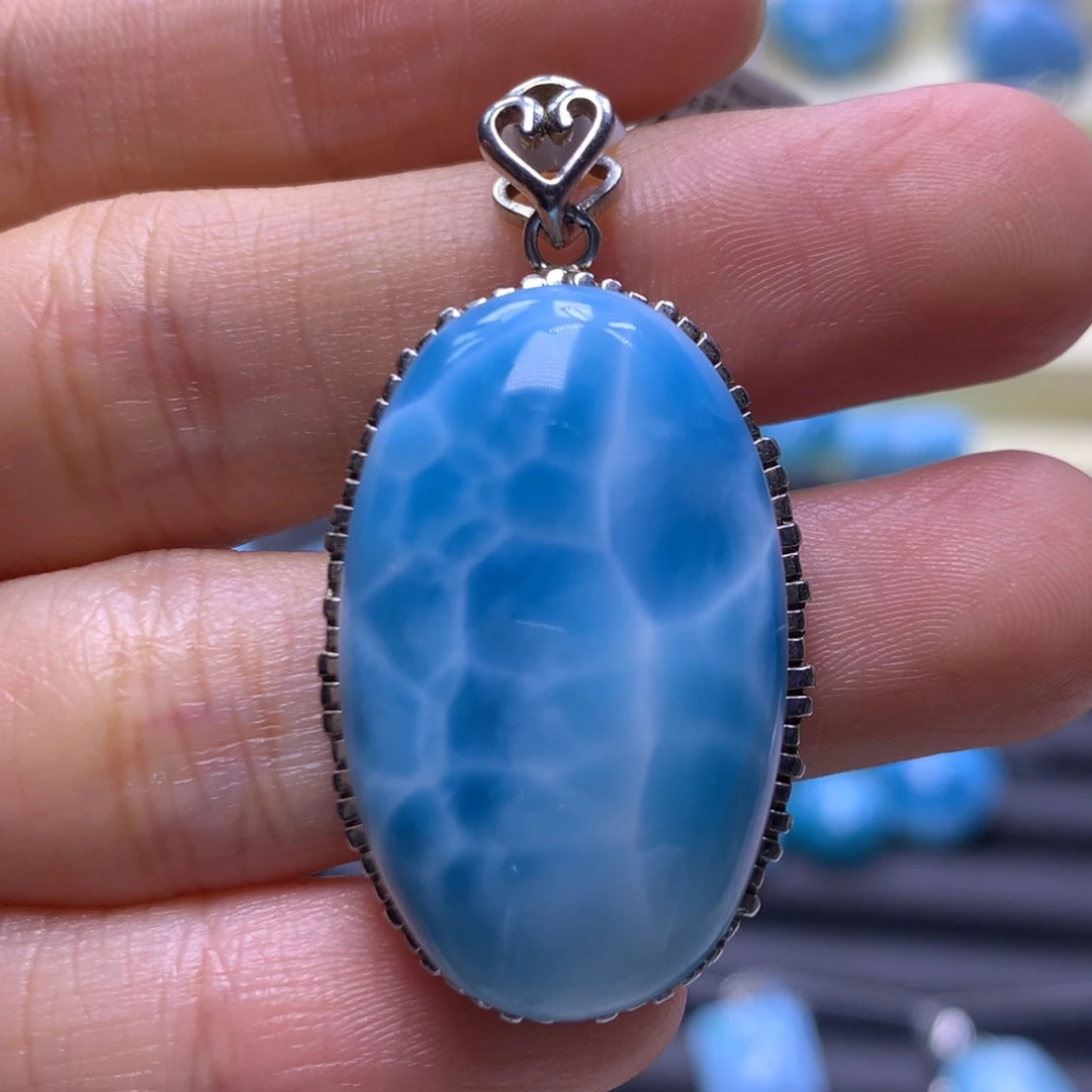 针钠钙石（海纹石）银S925镶嵌吊坠(不含链)蛋面吊坠色差略异