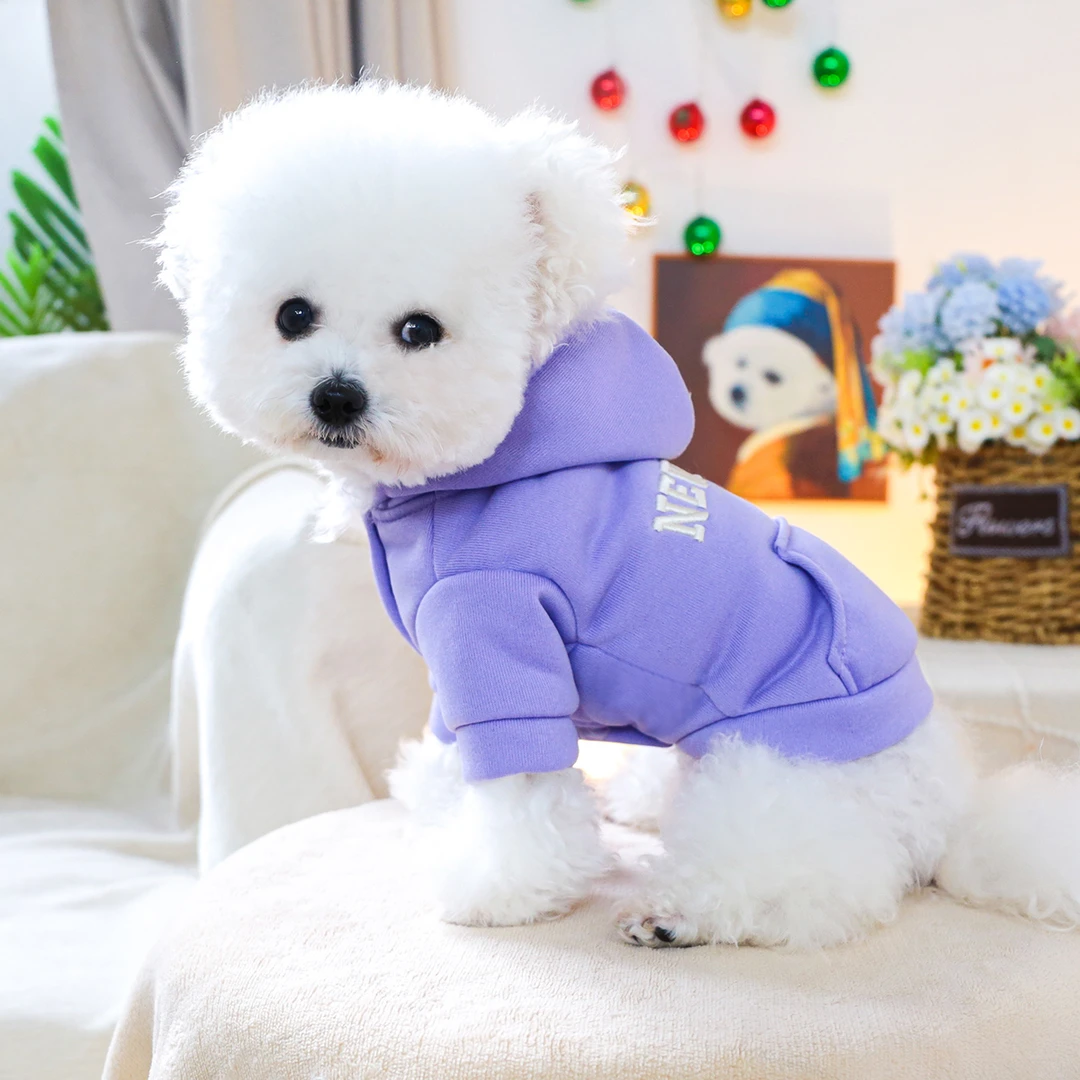 狗狗春季新品韩版薰衣草紫开扣带帽2脚卫衣泰迪比熊博美猫咪衣服