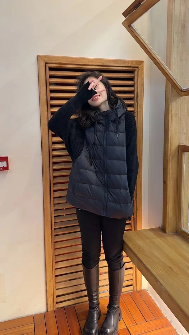 MissHuo  针织拼接袖连帽羽绒服 黑色A 098