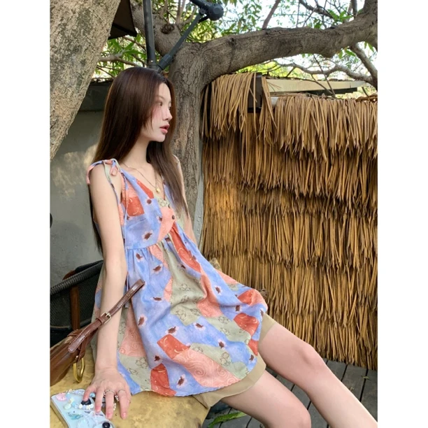 【假日海滩】艺术印花肩部绑带度假背心+短裤
