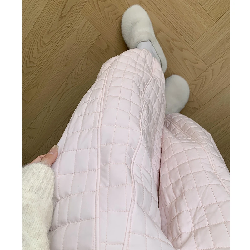 粉色加绒东北棉裤女冬季宽松格子裤子加厚保暖防寒防风阔腿灯笼裤