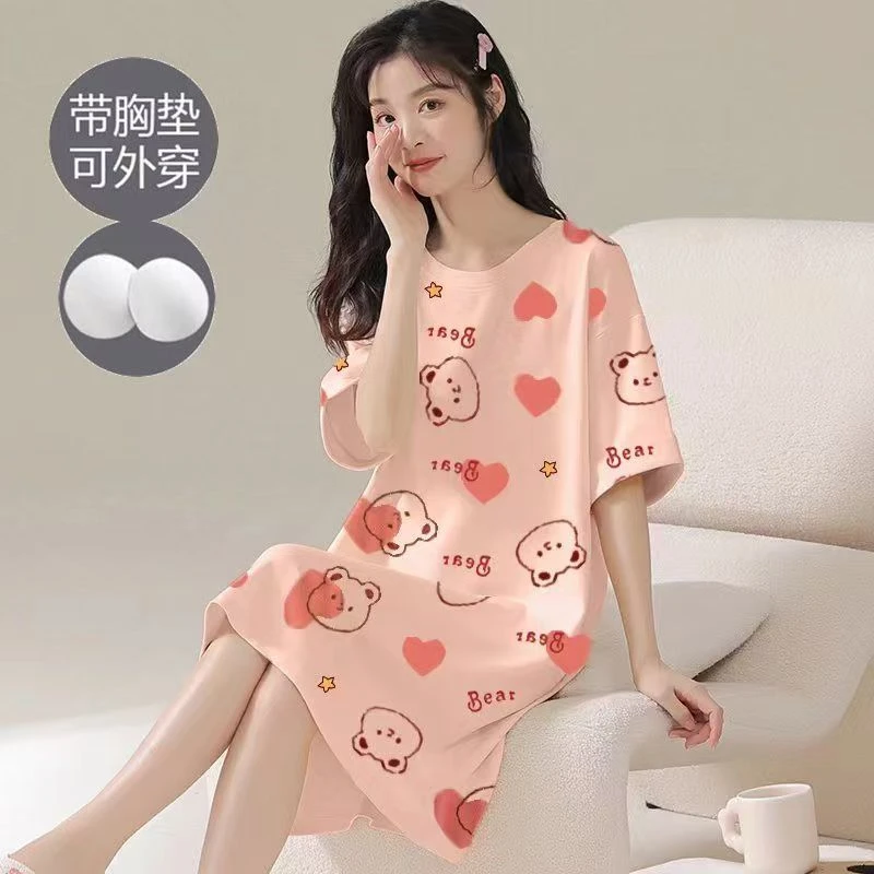 新款睡裙女士带胸垫睡衣夏季卡通可爱短袖中长款大码高级感薄款