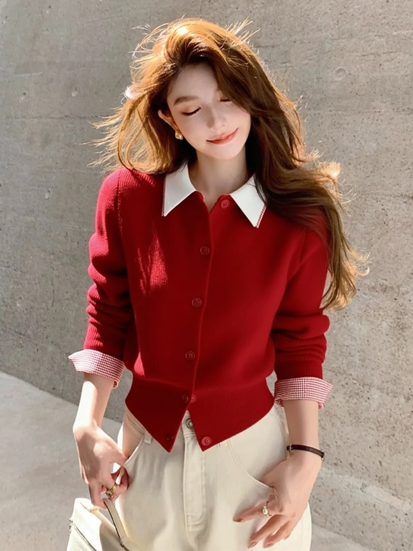 氛围感冬季高级感假两件毛衣女小众不撞款软糯慵懒风红色针织衫潮