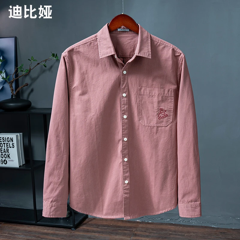 迪比娅秋季日系复古刺绣纯色纯棉长袖衬衫男暗纹休闲衬衣外套Y