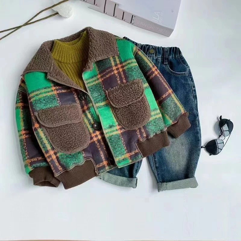 男女童韩版翻领加绒外套冬季儿童2024上衣秋冬新款格子加厚宝宝