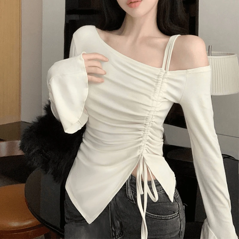 修身纯欲风绑带长袖T恤女秋季新款显瘦内搭打底衫辣妹喇叭袖上衣