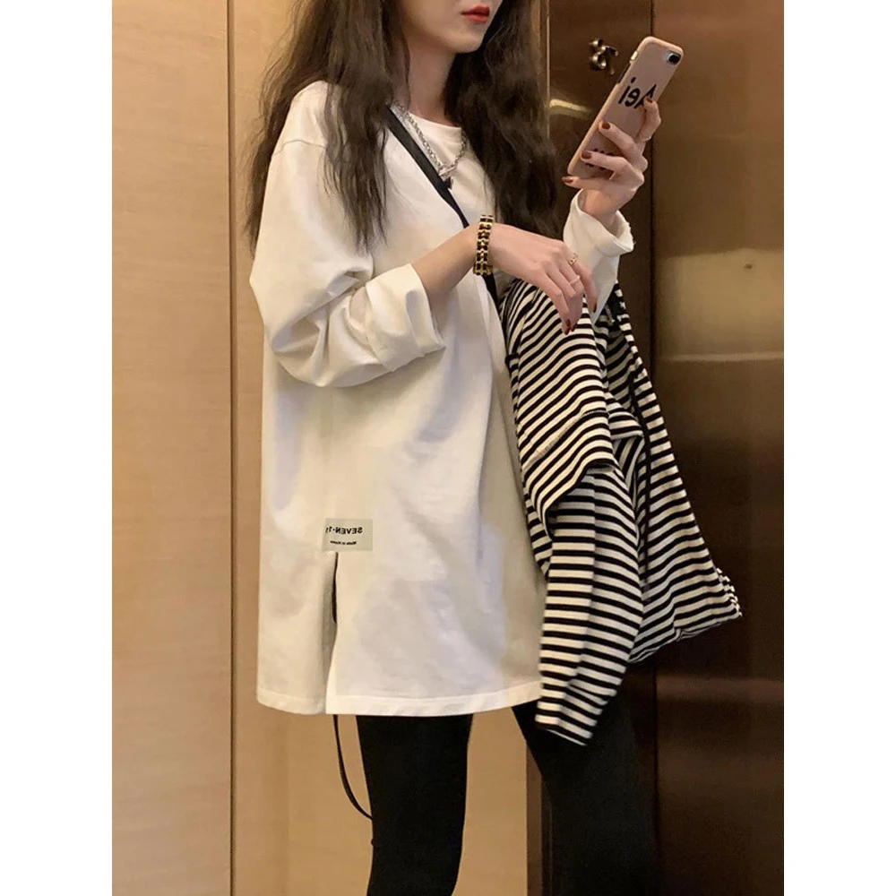 白色t恤女长袖侧开叉中长款遮屁股上衣宽松大码内搭打底衫加绒秋