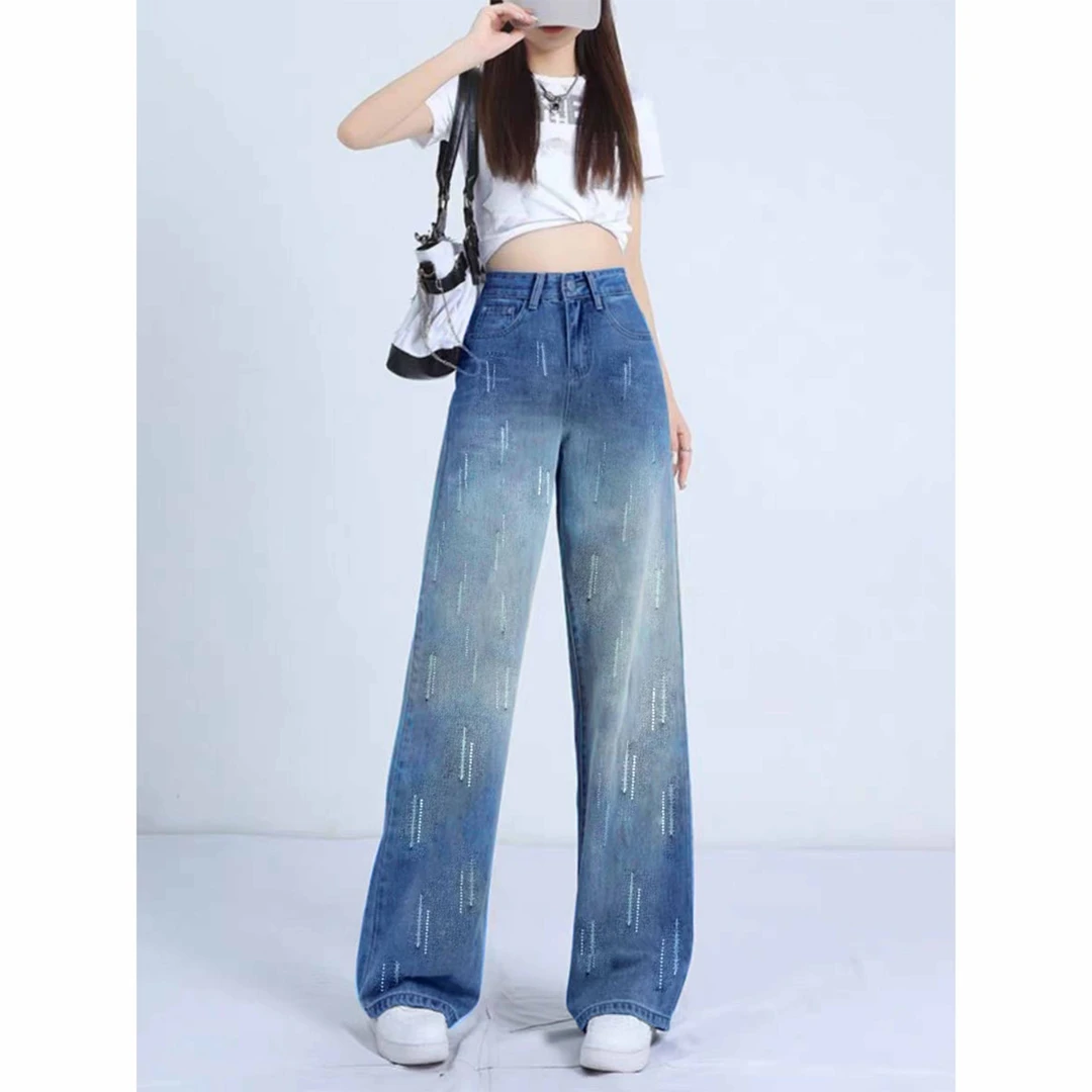 2025新款美式复古高腰直筒阔腿女休闲牛仔裤