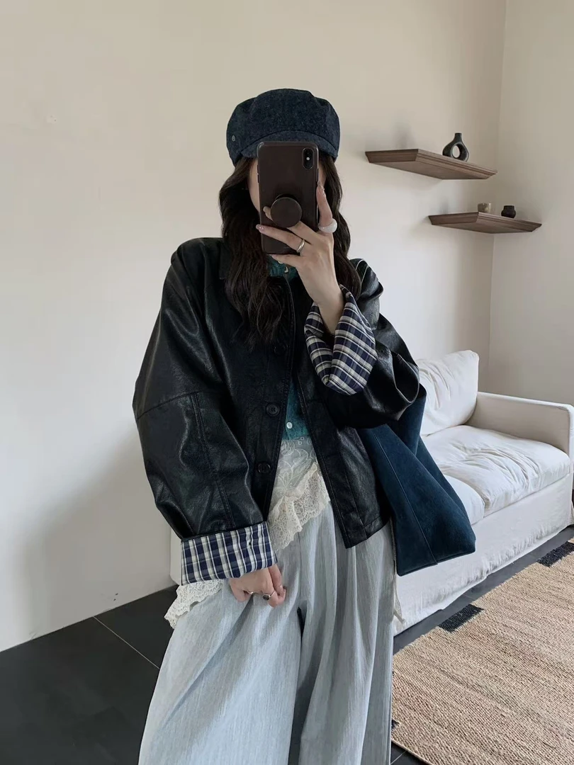 小孟~秋季新款美式复古纹理撞色皮质外套9171