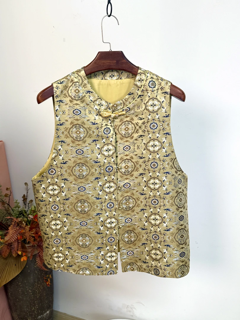 大码桑蚕丝织金宋锦马甲【鹤鹿福寿】