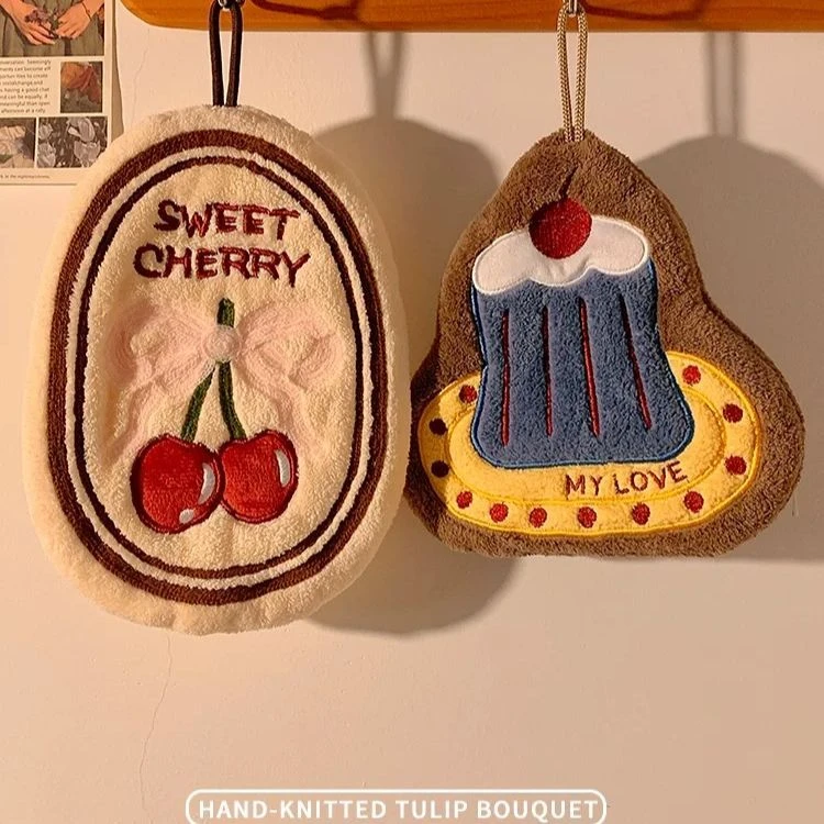 樱桃蛋糕擦手巾挂式可爱擦手毛巾厨房卫生间吸水抹布加厚速干手帕