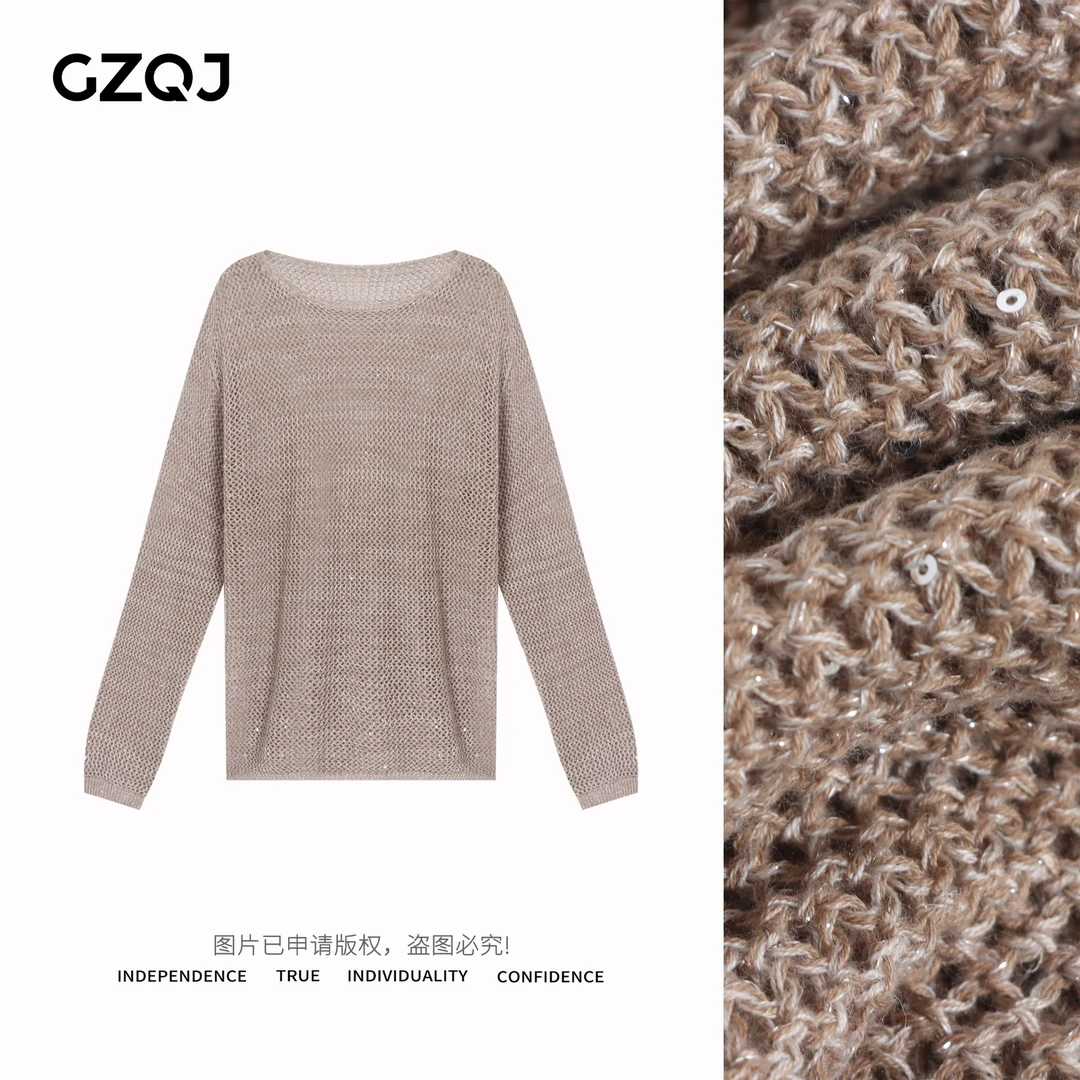 广州琴姐【楼兰光阱】时尚百搭镂空长袖圆领针织罩衫女防晒35003